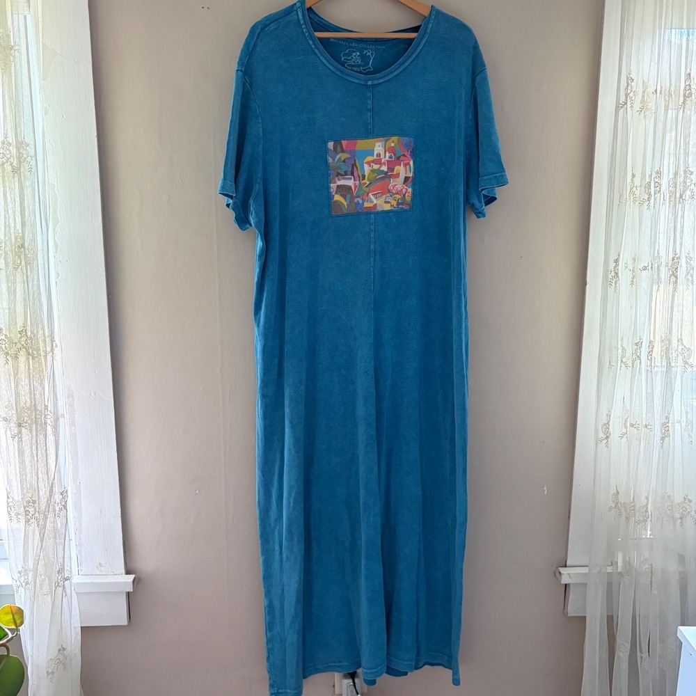 Michael Leu Collection Womens Shirt Maxi Dress Size 2x Blue Art to Wear Artsy